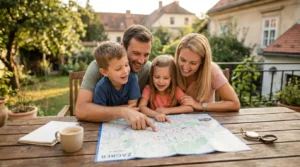 Sretna obitelj planira kamo s djecom u Zagrebu, gledajući mapu s top 10 atrakcija.