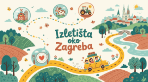 Ilustrirana mapa koja prikazuje najbolja seoska izletišta oko Zagreba, idealna za savršen obiteljski izlet s djecom u prirodu.
