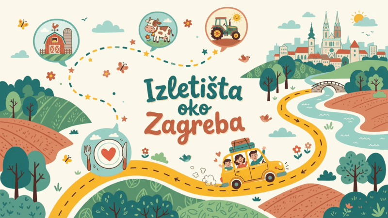 Ilustrirana mapa koja prikazuje najbolja seoska izletišta oko Zagreba, idealna za savršen obiteljski izlet s djecom u prirodu.