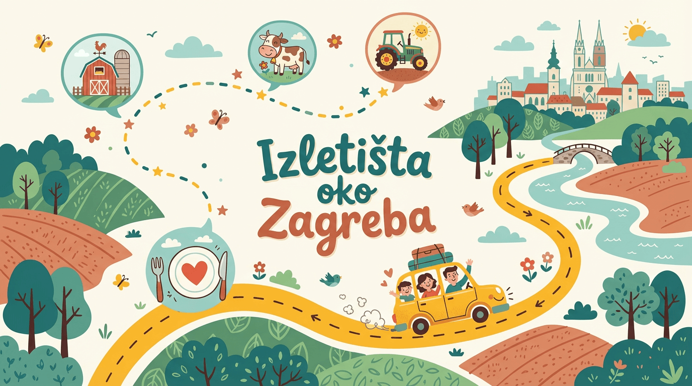 Ilustrirana mapa koja prikazuje najbolja seoska izletišta oko Zagreba, idealna za savršen obiteljski izlet s djecom u prirodu.
